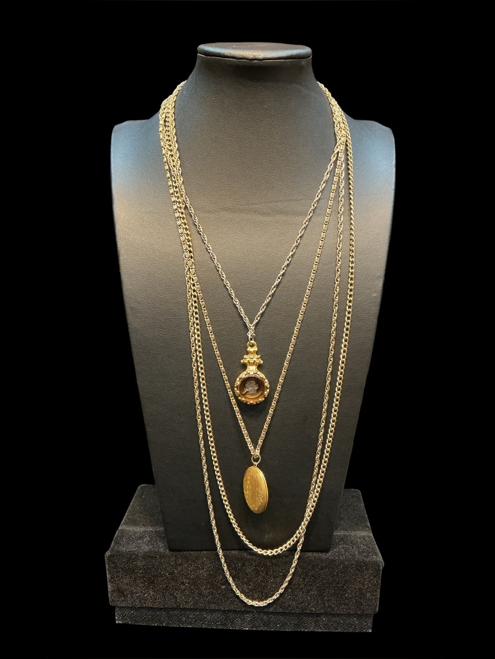 Vintage Goldette Multi Strand Chain Necklace Locket Cameo Intaglio Gold Tone